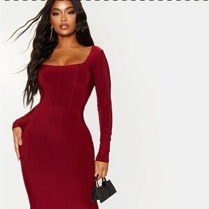 Shape Burgundy Slinky Panelled Long Sleeve Midi Dress
